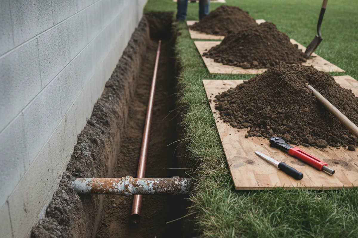 Excavated water line trench during Water Softener Installation in Mashpee